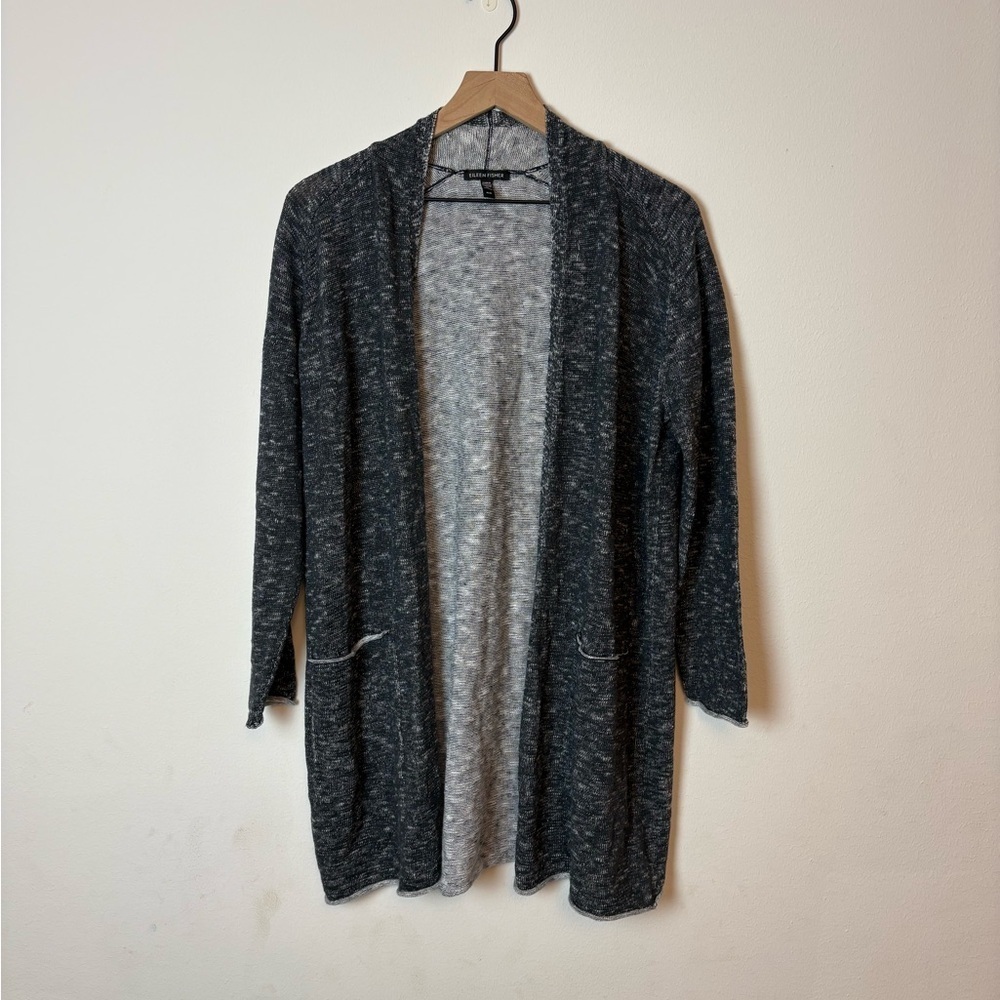 Eileen Fisher Organic Cotton Linen Slub Long Cardigan Gray M Patch Pockets